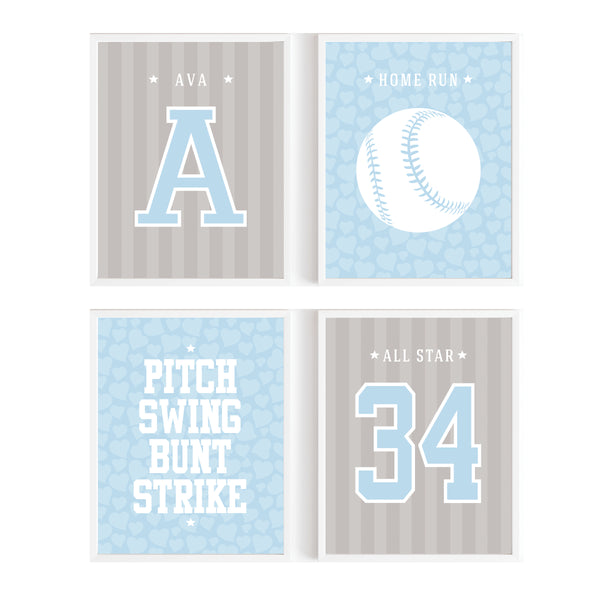 Set of four framed prints with softball-themed designs on a white background
