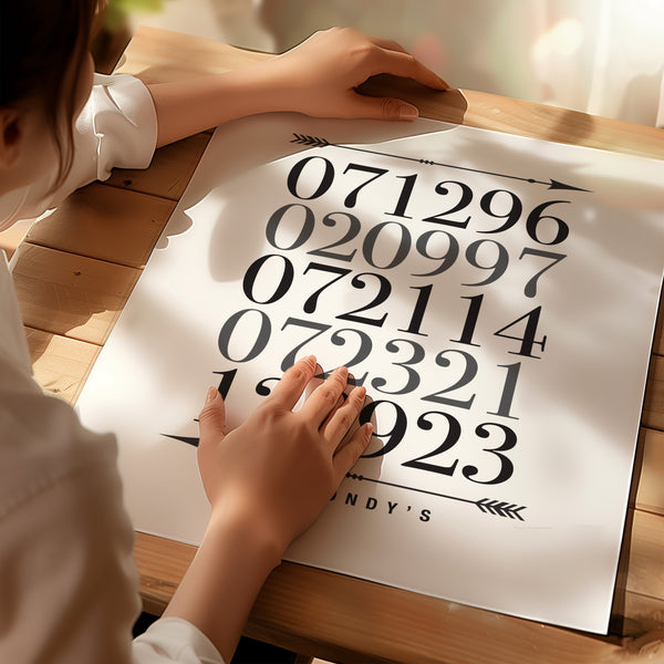 Close-up of names and dates on custom wall art