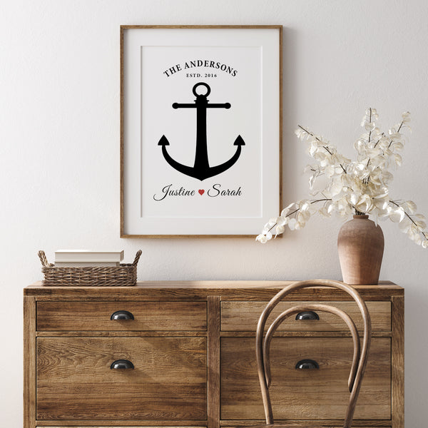 Personalized anchor couple print in coastal living room