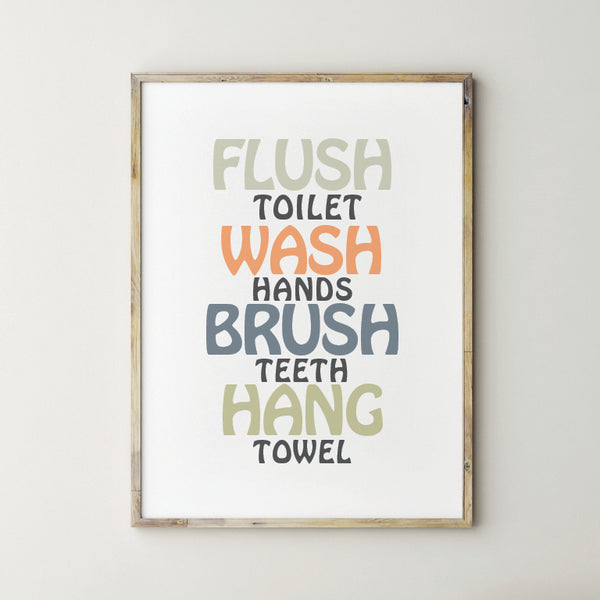 Wash Flush Brush Wall Bathroom Rules Art