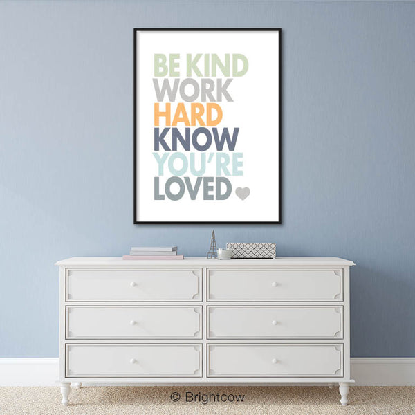 Be Kind Work Hard Know You're Loved Boy Inspirational Wall Print