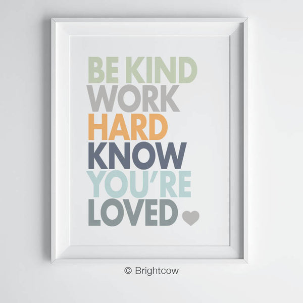 Be Kind Work Hard Know You're Loved Boy Inspirational Wall Print