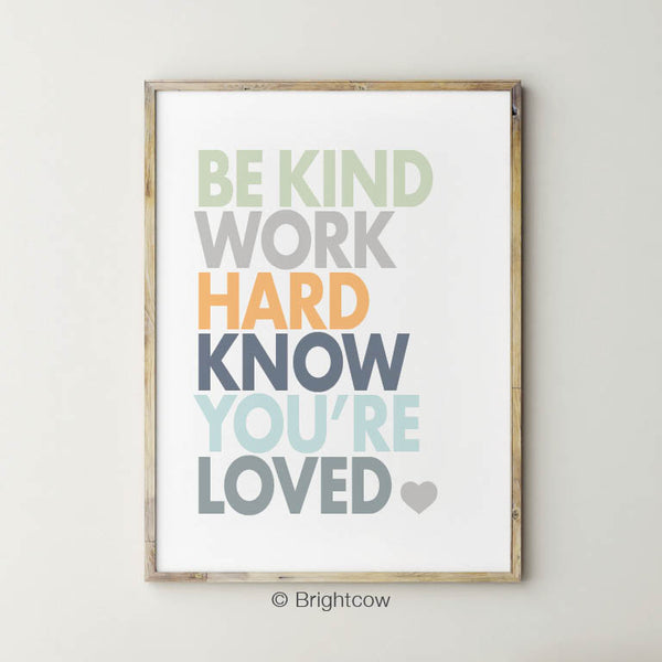 Be Kind Work Hard Know You're Loved Boy Inspirational Wall Print