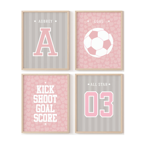 Personalized girls soccer wall art set of 4 prints with name and number