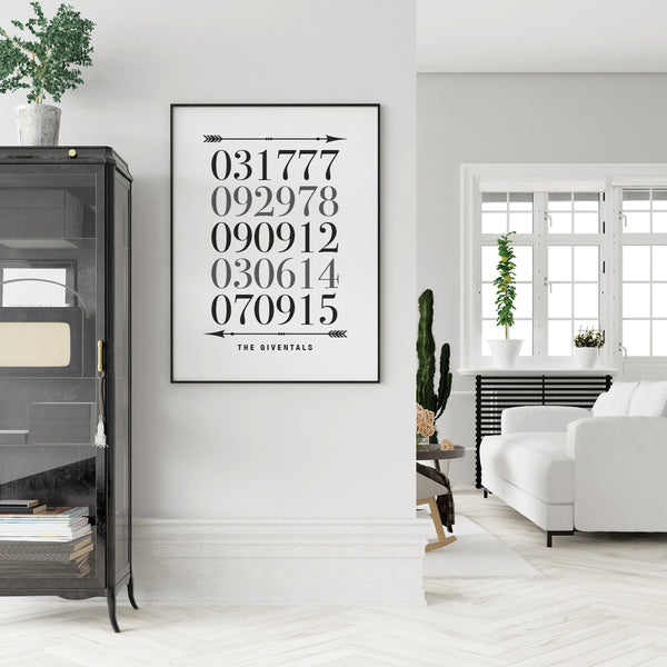 Simple Important Family Dates Print in a modern living room