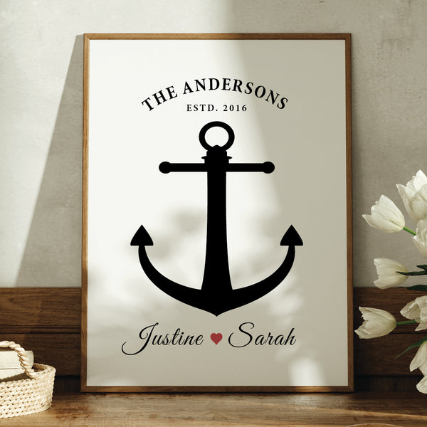 Custom anchor love print with couple names and date – nautical wall art