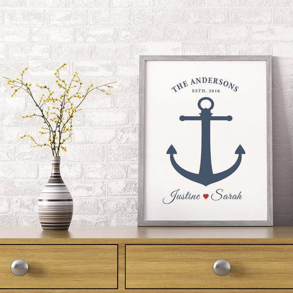Framed custom anchor love print displayed on shelf
