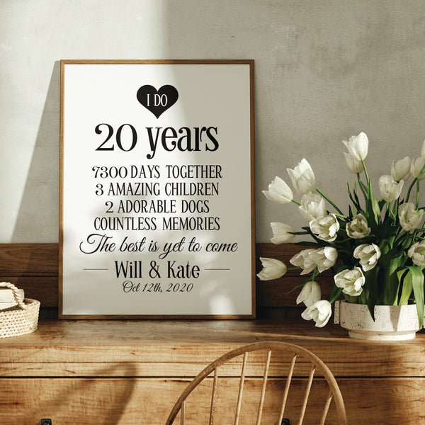 Sentimental primary bedroom decoration celebrating a 20 year wedding anniversary
