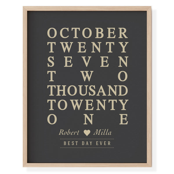 Sleek unframed personalized date print celebrating a modern wedding milestone