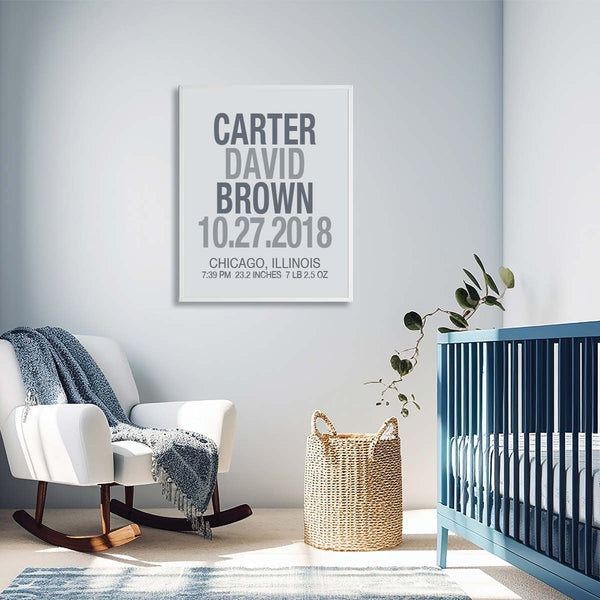 Modern baby boy nursery wall art with personalized birth stats