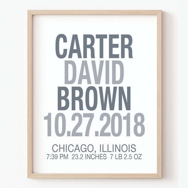 Modern birth stats wall décor for boys name date weight