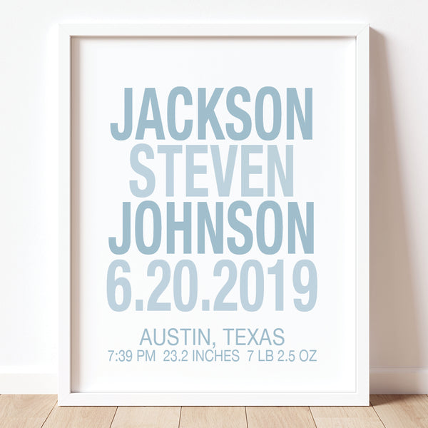 Personalized birth details wall art for baby boy