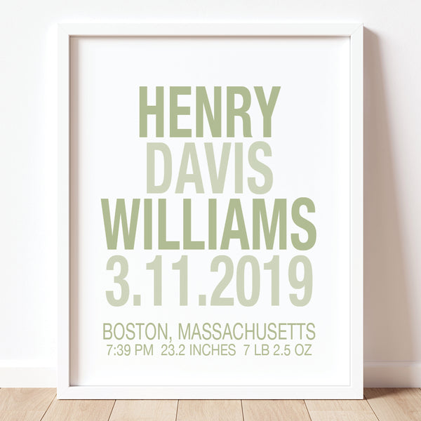 Clean minimalist baby boy nursery birth stats poster