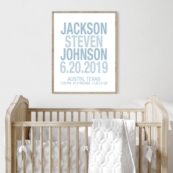 Minimalist baby boy birth stats poster for bedroom decoration