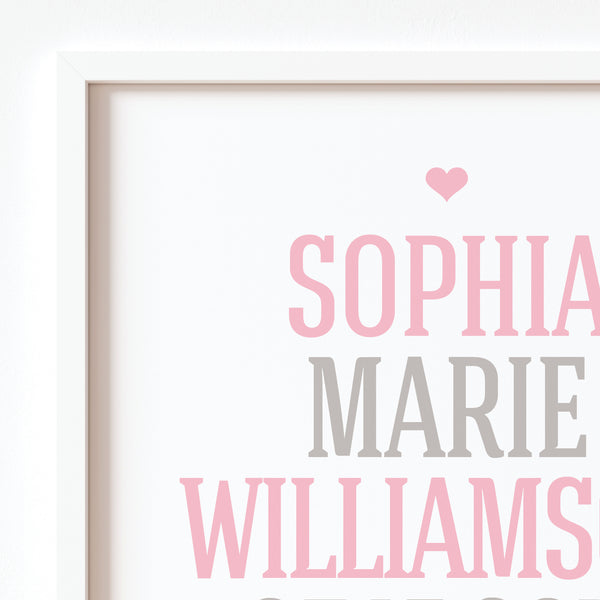Detail shot of high-quality matte printing on personalized newborn birth stats art