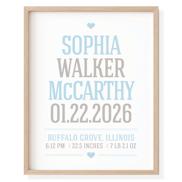 Light blue and gray color palette for personalized newborn girl nursery print
