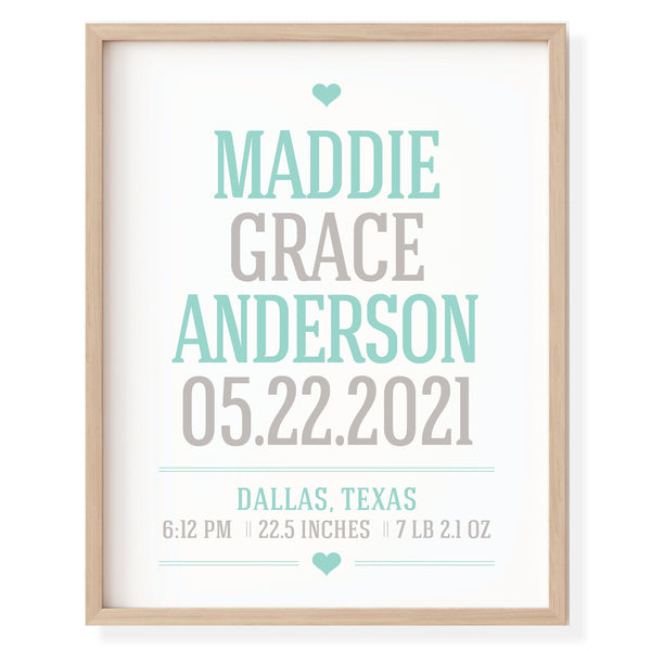 Pastel Gray and Mint color option for custom baby girl birth info wall art