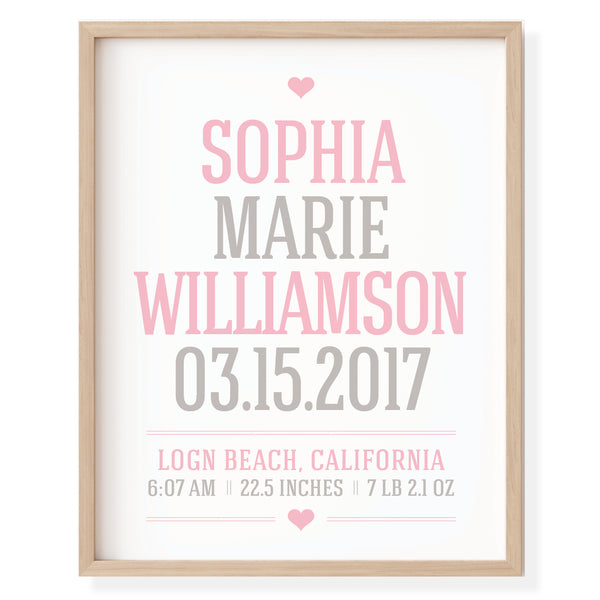 Personalized baby girl birth stats wall art with pastel pink and gray typography