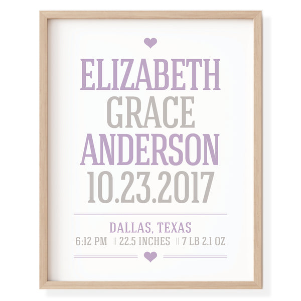 Pastel Gray and Mint color option for custom baby girl birth info wall art