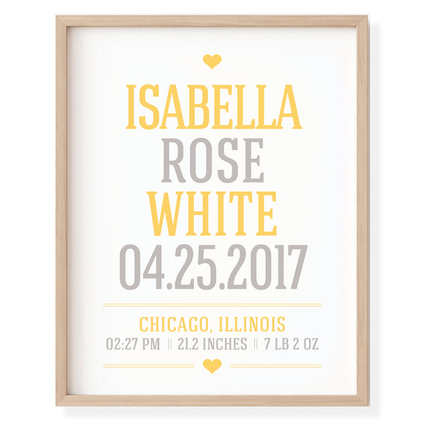Handcrafted baby girl birth information print featuring name and birth details