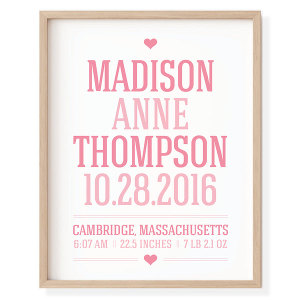 Custom birth announcement print for nursery decor featuring baby's name and birth weight