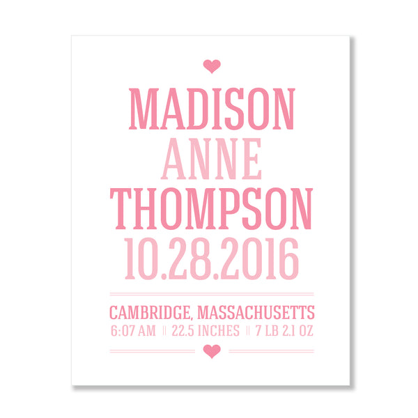 Unique newborn baby girl gift idea: custom birth stats wall art keepsake