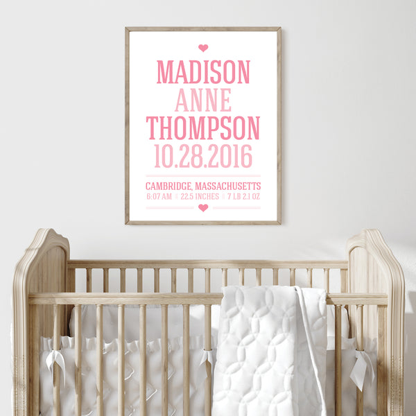 Personalized baby shower gift for girls: custom birth information typography print