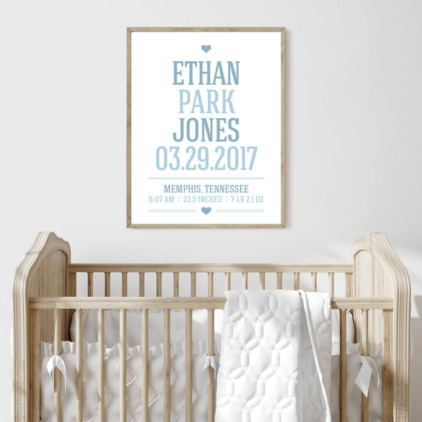 Minimalist Typographical Baby Boy Birth Announcement Wall Print