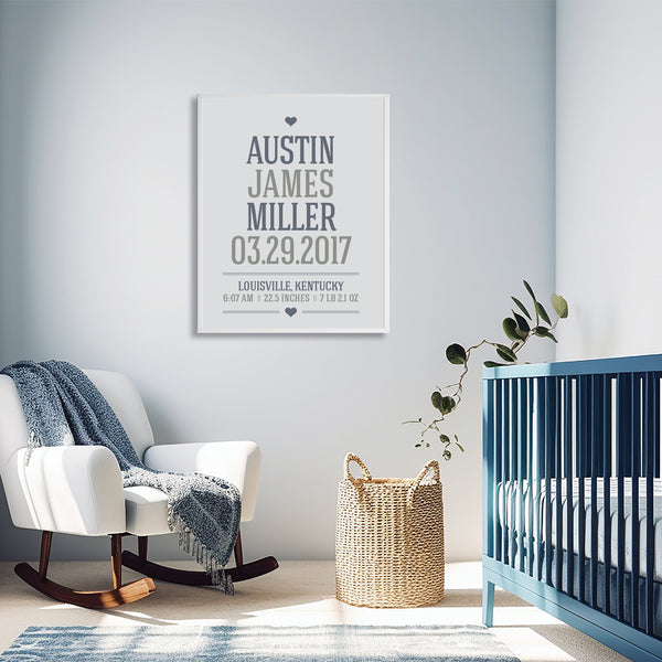 Minimalist Typographical Baby Boy Birth Announcement Wall Print