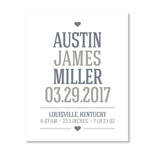 Minimalist Typographical Baby Boy Birth Announcement Wall Print