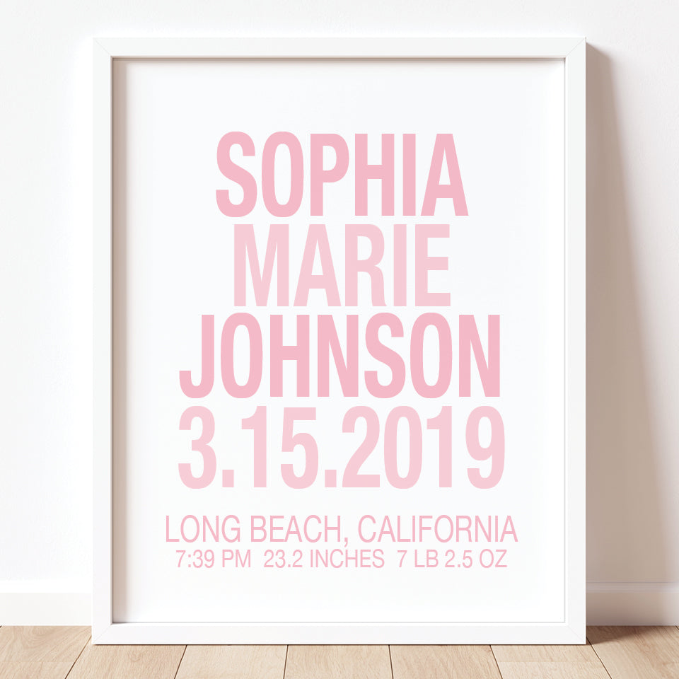 Personalized pastel baby girl birth stats wall art print for nursery