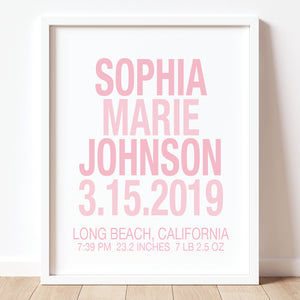 Personalized pastel baby girl birth stats wall art print for nursery