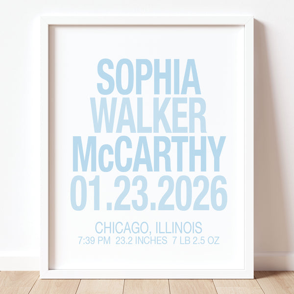 Light blue and gray custom birth stats print for baby girl nursery decoration