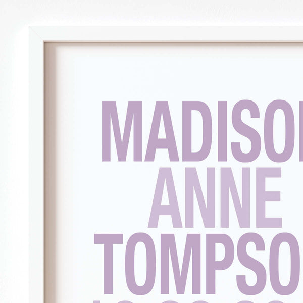 Close-up detail of custom typography and premium matte paper on baby birth stats print