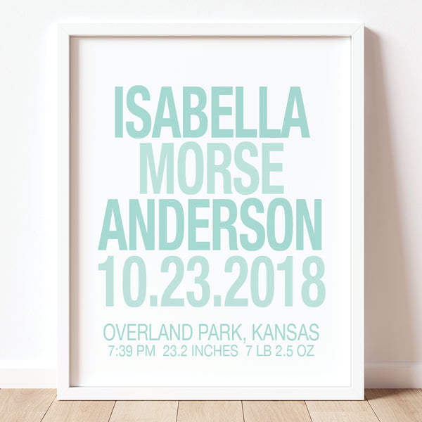 Pastel mint green and gray personalized baby birth record wall art