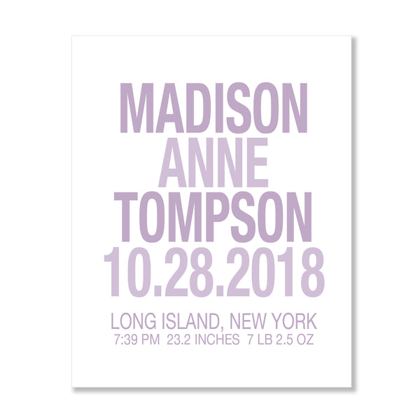Custom pastel baby girl birth stats wall art with name, date, and birth details