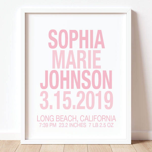 Personalized pastel baby girl birth stats wall art featuring name, date, and birth details