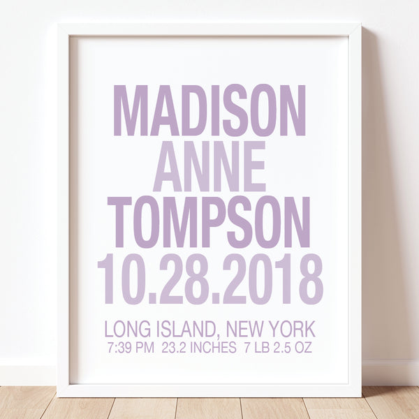 Lavender and gray baby girl birth stats wall decor, custom printed on matte paper