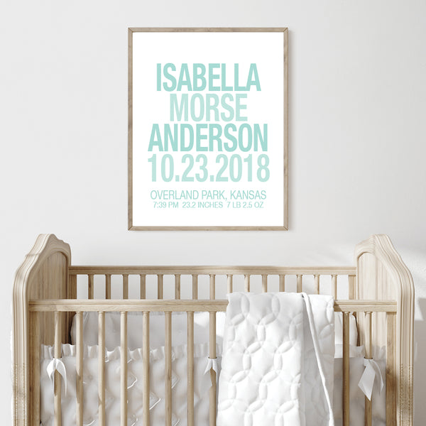 Custom baby girl birth announcement print in mint typography for nursery