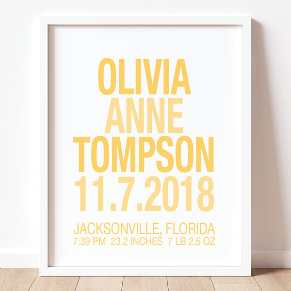 Soft yellow and gray baby girl birth information sign, modern nursery wall decor