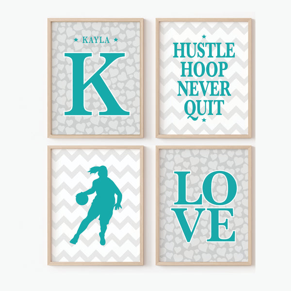 Inspirational Basketball Wall Art for Girls with Player Name (A Set of 4)