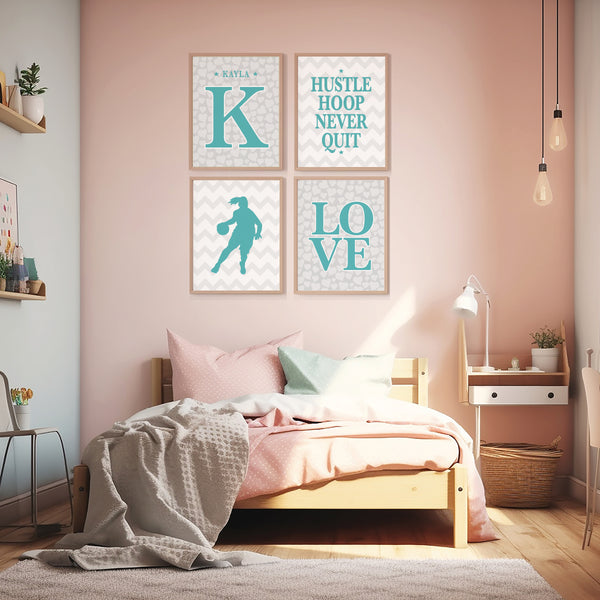 Inspirational Basketball Wall Art for Girls with Player Name (A Set of 4)