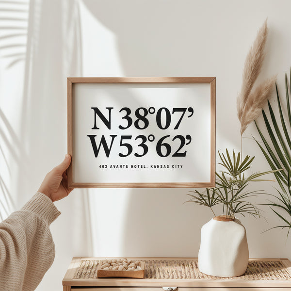 Personalized home coordinates wall art print featuring custom GPS latitude and longitude on minimalist white background