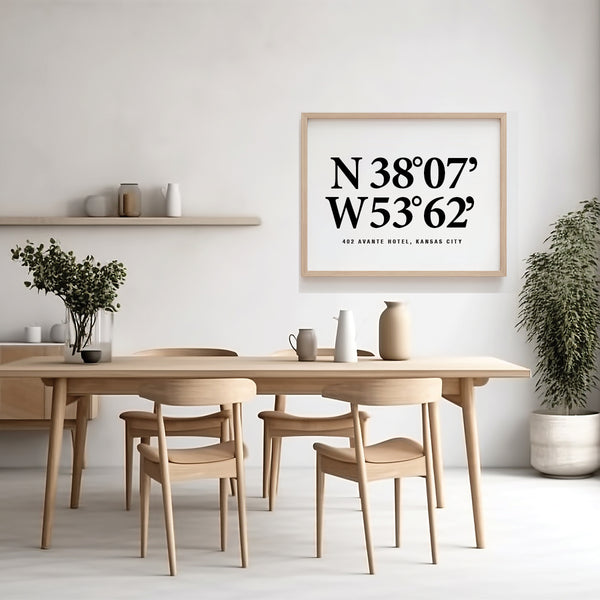 Custom coordinates decor framed on a living room wall as a modern housewarming gift