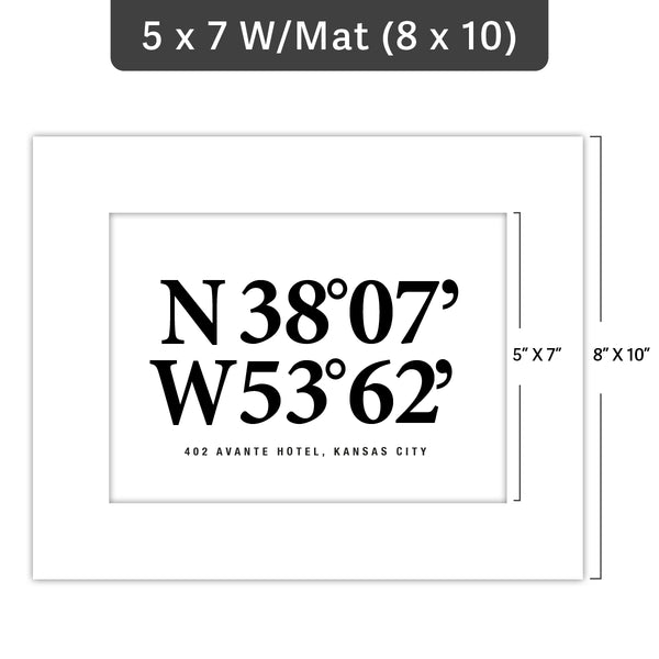 Black and white GPS coordinates wall print with a mat