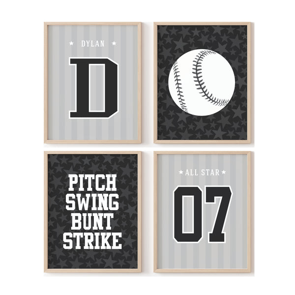 Set of 4 personalized baseball boy wall art prints with custom name and jersey number