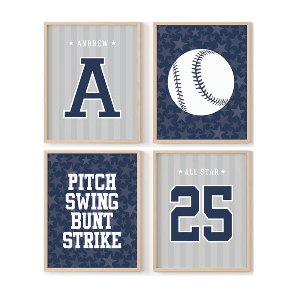 Customized baseball wall art print set in navy