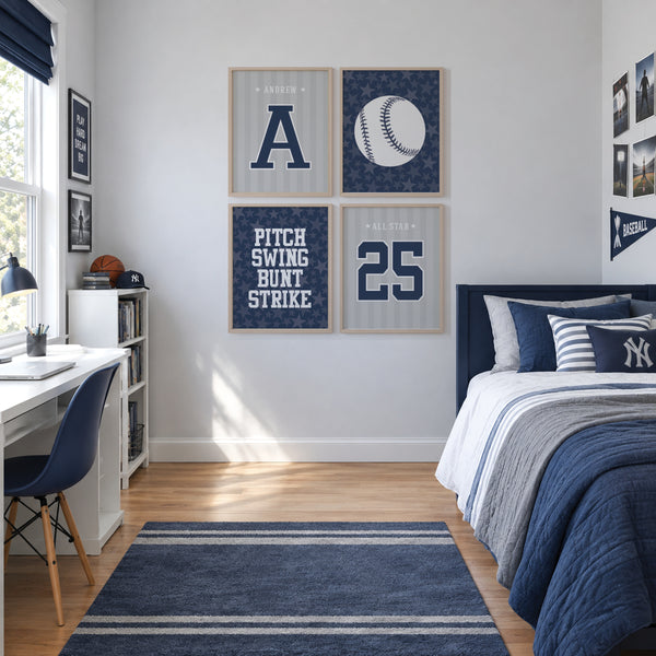 Set of 4 personalized baseball prints arranged in a teen boys bedroom