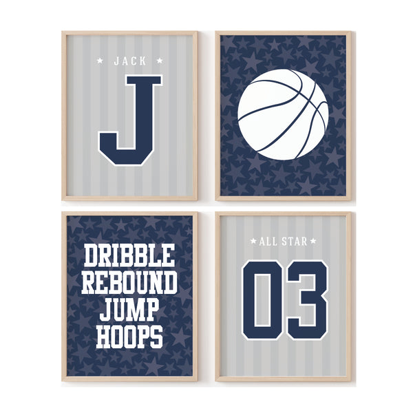 High-contrast basketball art print in navy featuring a custom athlete name in bold modern lettering