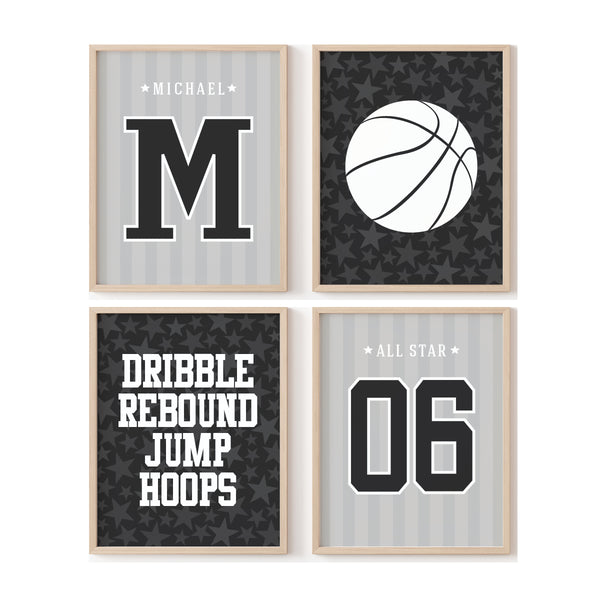 Custom basketball prints set in bold black and white tones